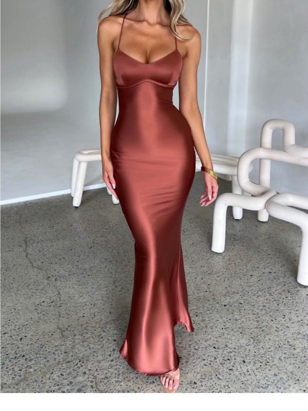 Satin Slip Maxi Dress in Copper